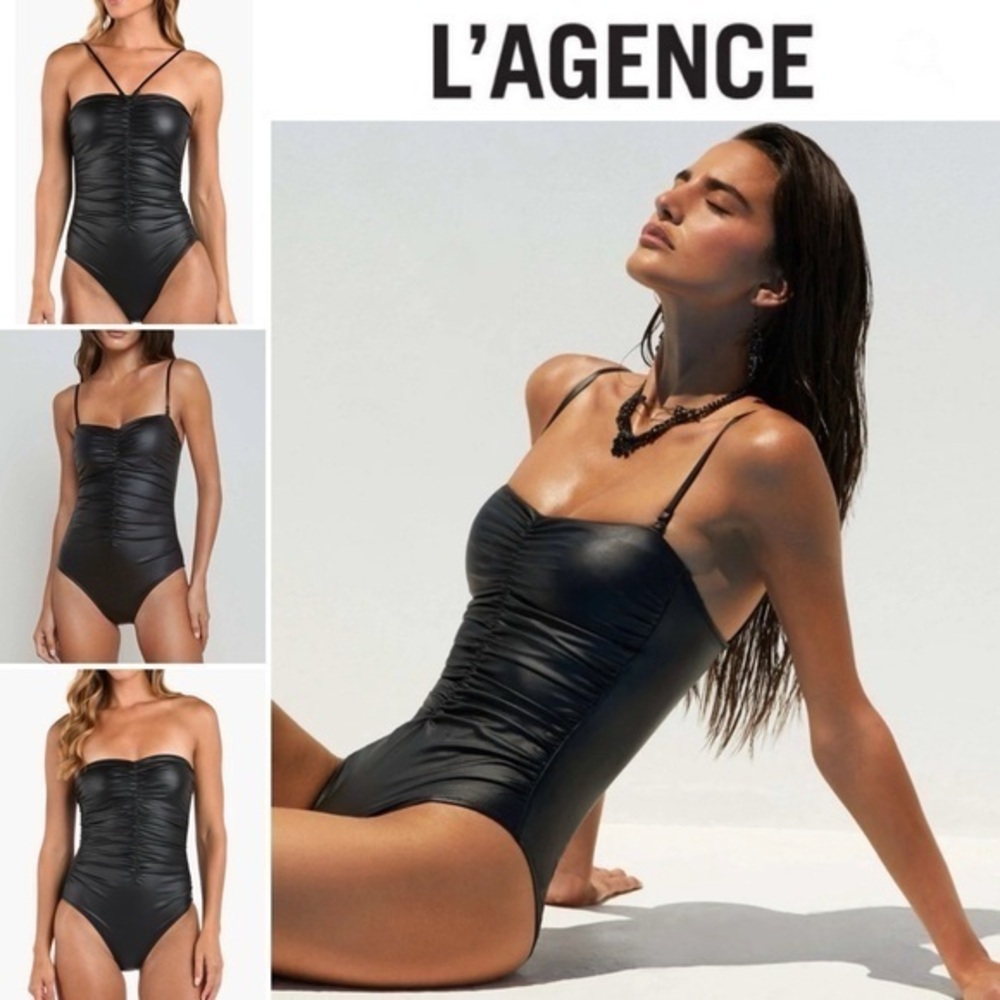New L’Agence Black Faux Leather Aubrey One Piece Swimsuit XS NWT 275$